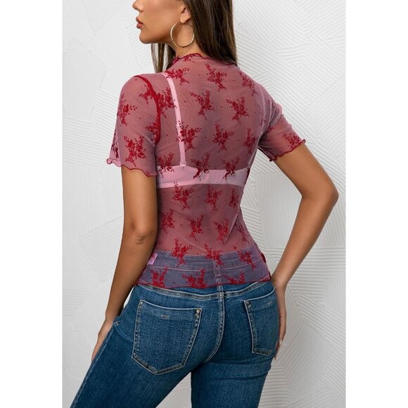 🆕Women's Red Polyamide Mesh Sheer Long Sleeve Mock Neck Lace Floral Blouse - Picture 5 of 6